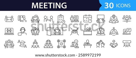 Meeting set of web icons in line style. Live webinar icons for web and mobile app. Containing conference, business meeting, classroom, team, interview, conference, work, discussion and more