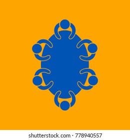 Meeting sign illustration. Vector. Medium teal blue icon on orange background.