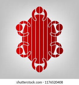 Meeting sign illustration. Vector. Vertically divided icon with colors from reddish gradient in gray background with light in center.