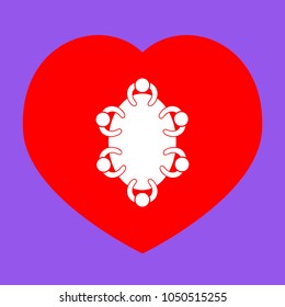 Meeting sign illustration. Vector. White icon in red heart at lavender background.