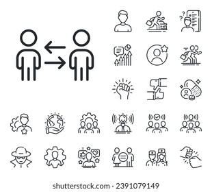 Meeting sign. Specialist, doctor and job competition outline icons. Teamwork business line icon. People management symbol. Teamwork business line sign. Avatar placeholder, spy headshot icon. Vector