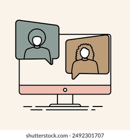 Meeting simple icon. Girl and boy talking on video call. Video call application symbol.