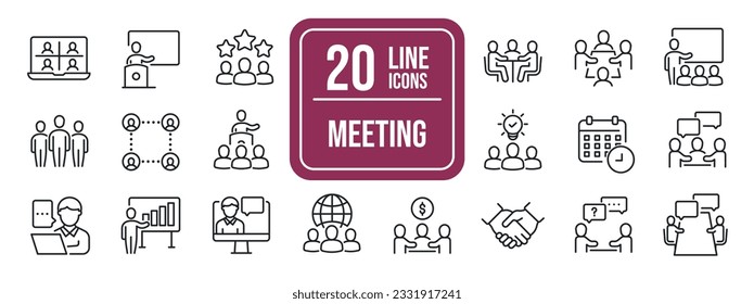 Meeting simple minimal thin line icons. Related meeting, discussion, communication, teamwork. Vector illustration.