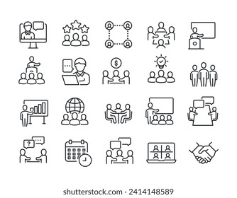 Befolgen Sie einfache minimale dünne Linien-Symbole. Ähnliches Treffen, Diskussion, Kommunikation, Teamarbeit. Vektorgrafik.