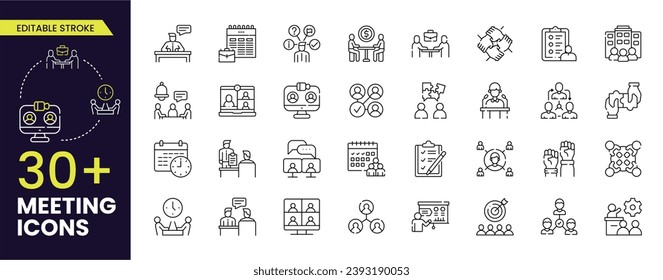 Juego de iconos de esquema de trazo de reunión. Consta de seminarios, reuniones de negocios, presentación, entrevista, conferencia, asamblea, acuerdo e iconos de discusión. Colección de iconos de Stroke