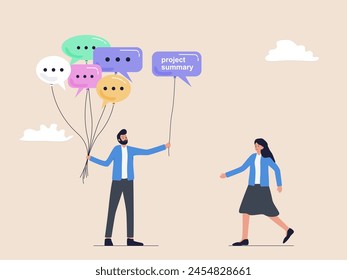 Meeting summary or conclusion, project summary session recap, businessman holding group of speech bubble balloons, offering a summary after the meeting is over.