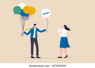 Meeting summary or conclusion, session or brainstorm recap and agreement concept, businessman holding group of speech bubble balloons as member opinions, offering summary after finish meeting.