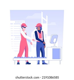 Meeting With Supervisor Isolated Concept Vector Illustration. Factory Worker Talking With Supervisor, Corporate Business, Conversation With Employee, Inspection Process Vector Concept.