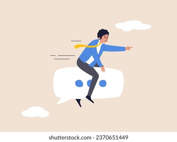 Meeting talk or communicate idea concept. Effective communication for business leader, sending message, announcement or dialog for success, cheerful businessman ride speech bubble pointing to target.