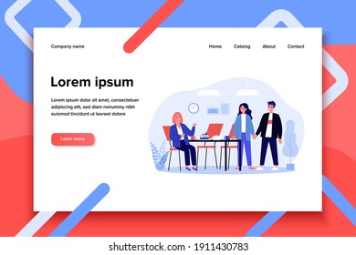 Meeting for tea or coffee break. People gathering at table with cake, pot and cups flat vector illustration. Office work break, employee birthday concept for banner, website design or landing web page