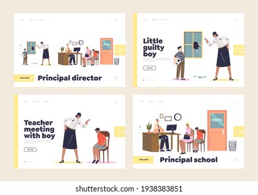 Meeting With Teacher And Principal In School Concept Of Set Of Landing Pages Templates With Directors And Counselors Talking To Bad Pupils And Parents. Cartoon Flat Vector Illustration