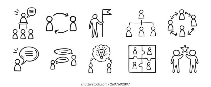 Conjunto de iconos dibujados a mano de doodle de trabajo de equipo de trabajo de icono de equipo de reunión. Colección de símbolos de Clipart de línea de dibujo de esquema. Ilustración vectorial