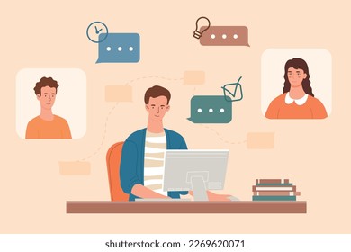Meeting up with team. Man at computer communicates with colleagues on Internet. Video conference or call, interaction. Teamwork and partnership, collaboration. Cartoon flat vector illustration