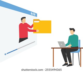 Meeting with team in social, download file, video call conference, social distancing during quarantine, teleconference webinar, Vector illustration design concept in flat style