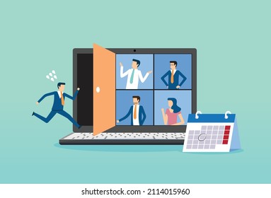 Meeting with team in social, remote school class, video call conference, social distancing during quarantine, teleconference webinar, Vector illustration design concept in flat style