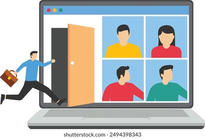 Meeting with team in social, remote school class, video call conference, social distancing during quarantine, teleconference webinar, Vector illustration design concept in flat style

