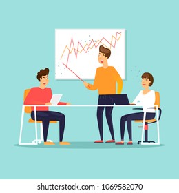 Meeting, teamwork, office life, business. Flat design vector illustration.