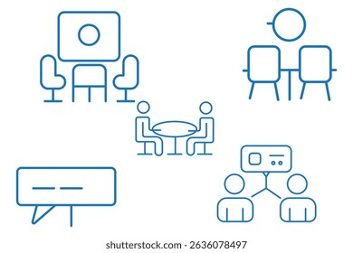 Symbolsatz für Besprechungsdünnzeile. Diskussion, Planung und Entscheidungen. Interview, Seminar, Meeting, Konferenz, Beratung, Präsentation - Stock Vektor.