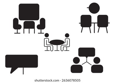 Conjunto de iconos de línea delgada de reunión. Discusión, planificación y decisiones. Entrevista, seminario, encuentro, conferencia, consulta, presentación - Vector de valores.
