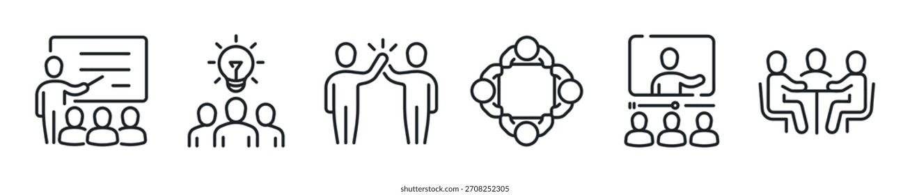 Conjunto de ícones de linha fina da reunião. Ícones mínimos da Web