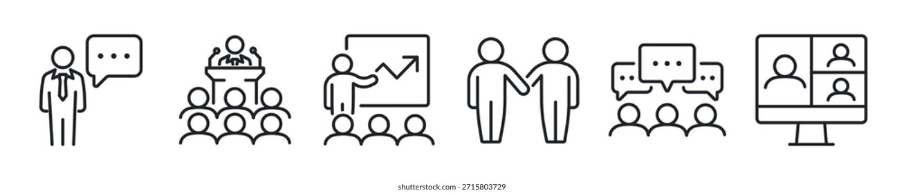 Meeting thin line icon set. Web minimal icons
