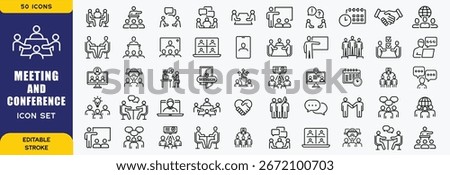 Meeting thin line icon set. Discussion, planning and decisions. Interview, seminar, meet, conference, consultation, presentation - stock vector.