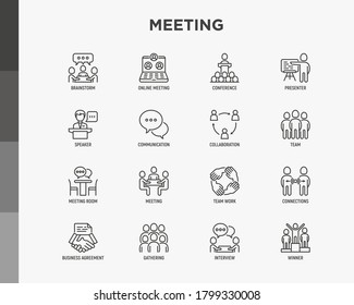Meeting thin line icons set: speaker, communication, collaboration, teamwork, brainstorm, online meeting, conference, presenter, business agreement, gathering, interview. Vector illustration.
