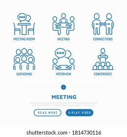 Meeting thin line icons set: meeting room, gathering, speaker, communication, online meeting, conference, gathering, interview. Vector illustration.