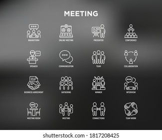 Meeting thin line icons set: speaker, communication, collaboration, teamwork, brainstorm, online meeting, conference, presenter, business agreement, gathering, interview. Vector illustration.