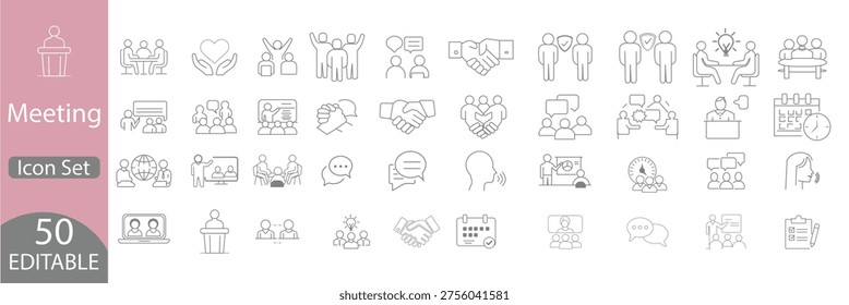 Meeting thin line icons set. Business meeting, seminar, conference, interview icon. Editable stroke. Vector