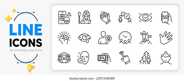 Meeting time, Conjunctivitis eye and Hand line icons set for app include Employee result, Cursor, User idea outline thin icon. Women group, Mental health, Cyber attack pictogram icon. Vector