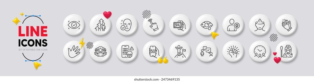 Meeting time, Conjunctivitis eye and Hand line icons. White buttons 3d icons. Pack of Employee result, Cursor, User idea icon. Women group, Mental health, Cyber attack pictogram. Vector