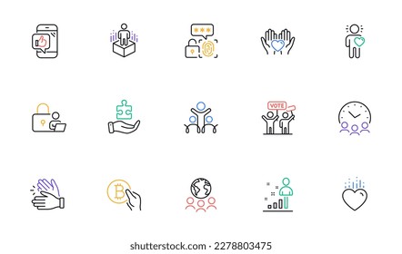 Tiempo de reunión, Amigo y Aplausos iconos de línea de mano para sitio web, impresión. Colección de iconos de campaña de votación, Inclusión, Bloqueo. Teléfono móvil como, Hold heart, Augmented reality elementos web. Vector