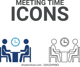 Meeting time icons, Line art icons, Timer, alarm, schedule, hourglass, and clock icons. Solid icon collection.