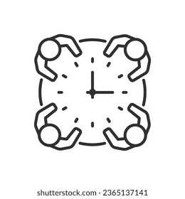 Meeting time, linear icon. People sitting around a table with a clock. Line with editable stroke