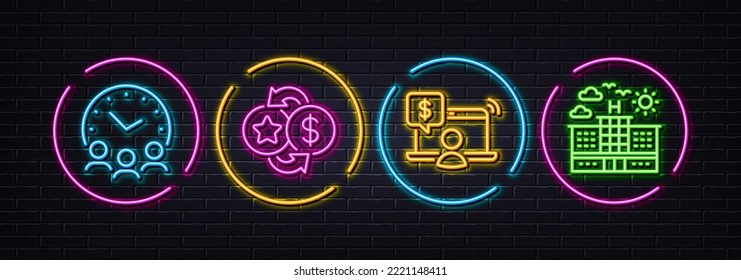 Meeting time, Loyalty points and Online shopping minimal line icons. Neon laser 3d lights. Hotel icons. For web, application, printing. Conference hours, Change dollar, Internet buying. Travel. Vector