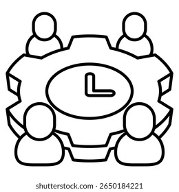 Meeting time optimizer icon represented by human avatar, table gear, clock Line style.