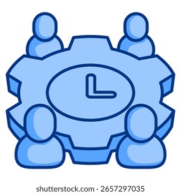 Meeting time optimizer icon represented by human avatar, table gear, clock Blue style.