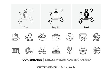 Hora de reunión, gafas de sol e íconos de línea de Carrito de equipaje. Paquete de texto de la Búsqueda, opción del negocio, icono de la cartera. Ensalada, medicamentos recetados, pictograma de Compartir. Sartén hirviendo, Realidad aumentada, Palomitas de maíz. Vector