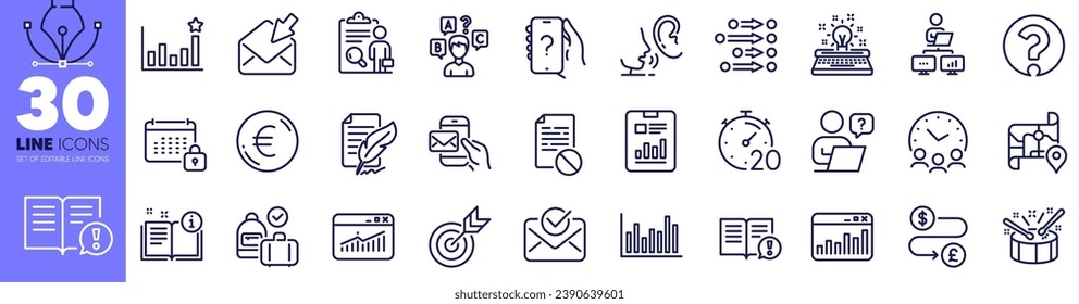Meeting time, Typewriter and Order line icons pack. Drums, Carry-on baggage, Website statistics web icon. Quiz test, Inspect, Report document pictogram. Messenger mail, Feather signature, Map. Vector