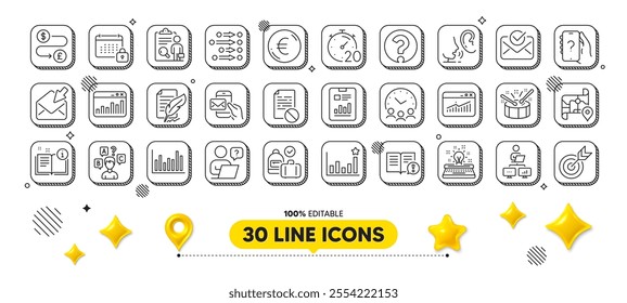 Meeting time, Typewriter and Order line icons pack. 3d design elements. Drums, Carry-on baggage, Website statistics web icon. Quiz test, Inspect, Report document pictogram. Vector