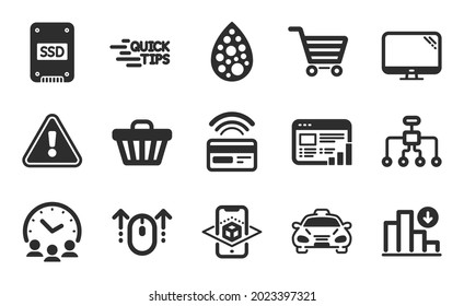 Meeting time, Web report and Contactless payment icons simple set. Decreasing graph, Shop cart and Augmented reality signs. Computer, Taxi and Restructuring symbols. Flat icons set. Vector