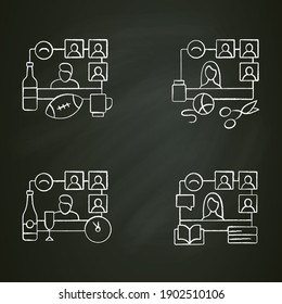 Meeting together chalk icons set. Online conference concept. Live stream.Social distanced education, event, sport party and more. Remote video communication.Isolated vector illustrations on chalkboard