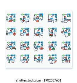Meeting together color icons set. Online conference concept. Live stream. Social distanced party, concert, workflow, gym and more. Remote video communication. Isolated vector illustrations