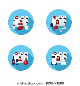 Meeting together flat color icons set. Online conference concept. Live stream. Social distanced education, event, sport party and more. Remote video communication. Isolated vector illustrations