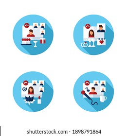 Meeting Together Flat Icons Set. Online Conference Concept. Live Stream. Social Distanced Party, Karaoke, Wedding Ceremony, Yoga And More. Remote Video Communication. Isolated Vector Illustrations