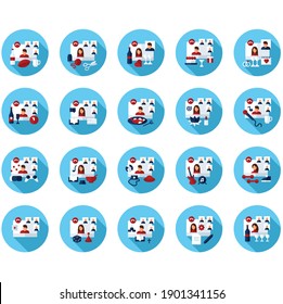 Meeting together flat icons set.Online conference concept. Live stream.Social distanced party, concert, workflow, gym and more.Remote video communication.Isolated color vector illustration with shadow