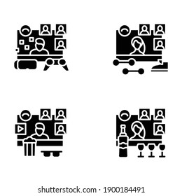 Meeting together glyph icons set. Online conference concept. Live stream. Social distanced party, gaming, cinema watching and more. Remote video communication. Isolated silhouette vector illustrations