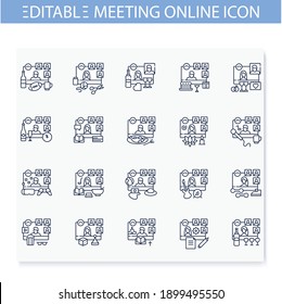 Meeting together line icons set.Online conference concept. Live stream.Social distanced party, concert, workflow, gym and more.Remote video communication.Isolated vector illustrations.Editable stroke