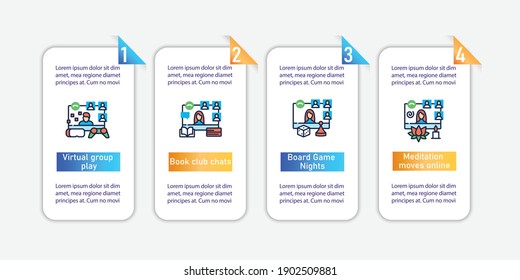 Meeting together vector infographics. Online conference concept. Remote video communication template for presentations ,workflow layout, info chart, banner. Mobile app pages screen with 4 concepts